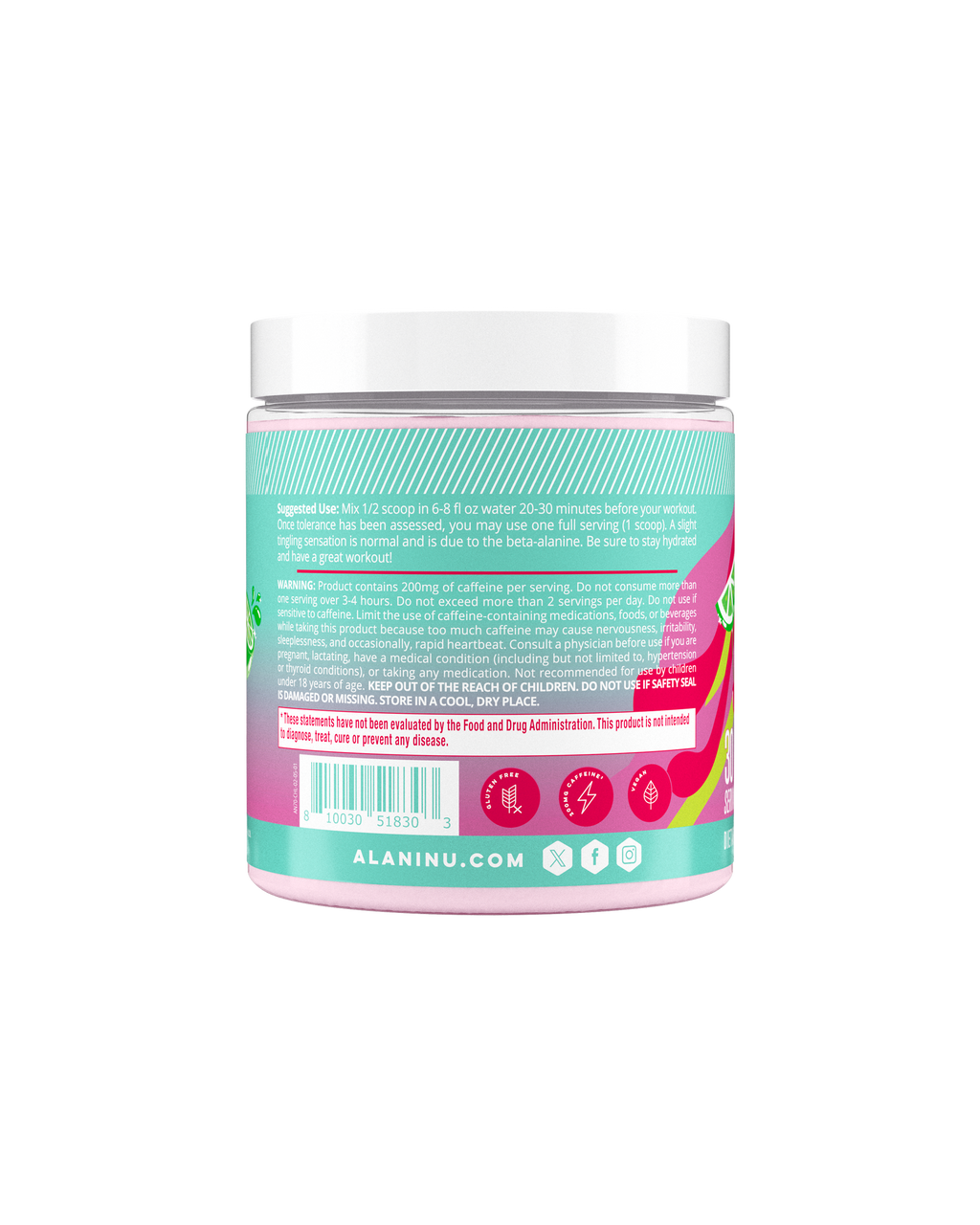 The side view of a Cherry Twist Pre-Workout tub, gluten-free, vegan, and made with 200mg of caffeine. Suggested-use directions shown.