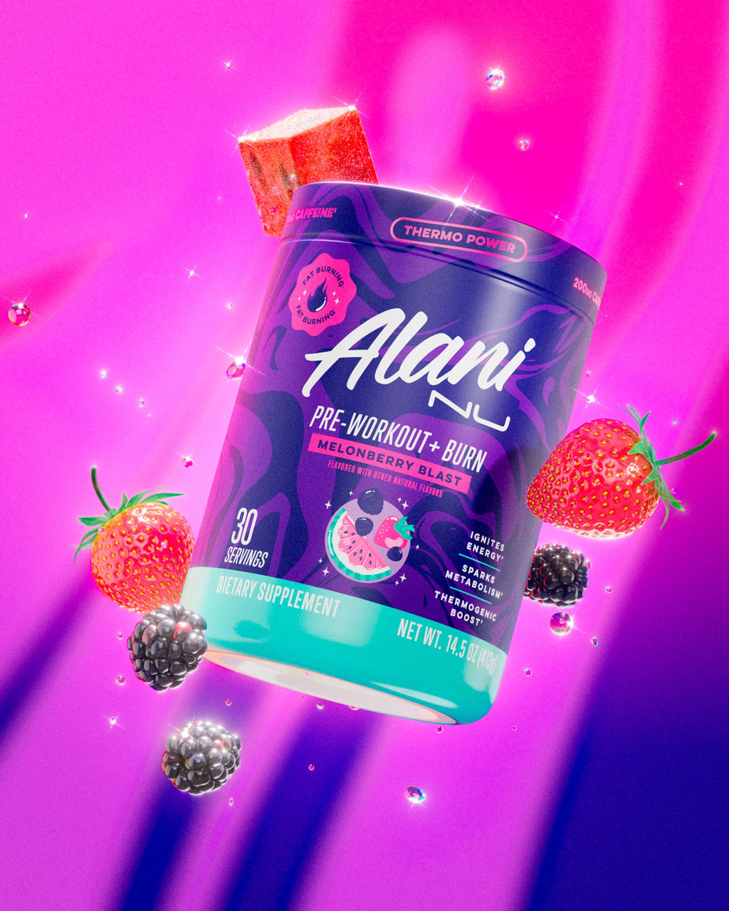 A tub of Alani Nu Melonberry Blast Pre-Workout+ Burn floating midair with strawberries, blackberries, and watermelon cubes.