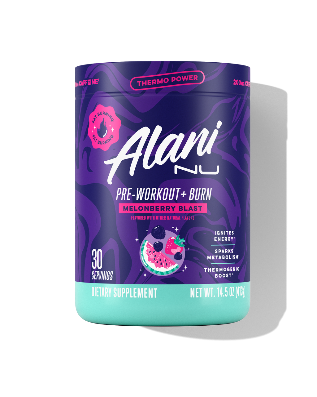 The front view of a 30-serve tub of Alani Nu Melonberry Blast Pre-Workout+ Burn, flavored with other natural flavors and made to help burn fat, boost energy, and spark metabolism.*
