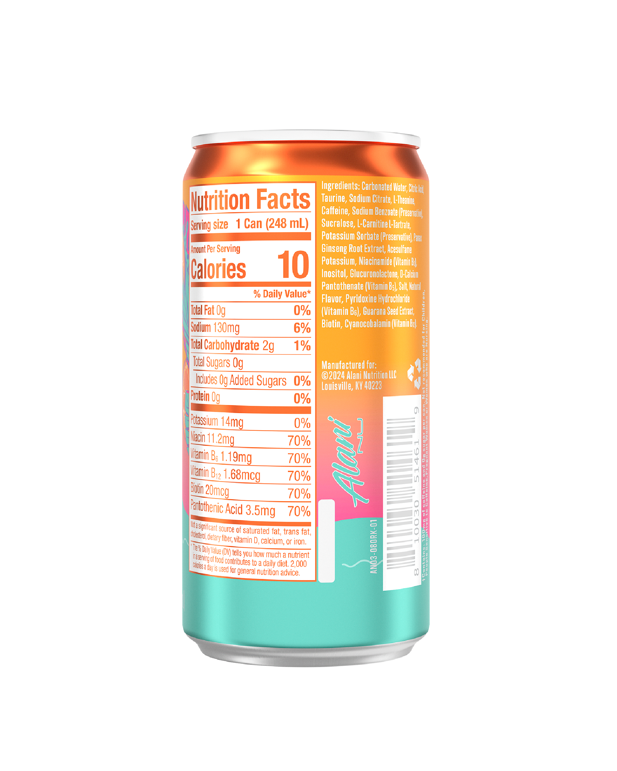 The back view of a 10-calorie Orange Kiss Mini Energy, highlighting nutrition facts and ingredients.