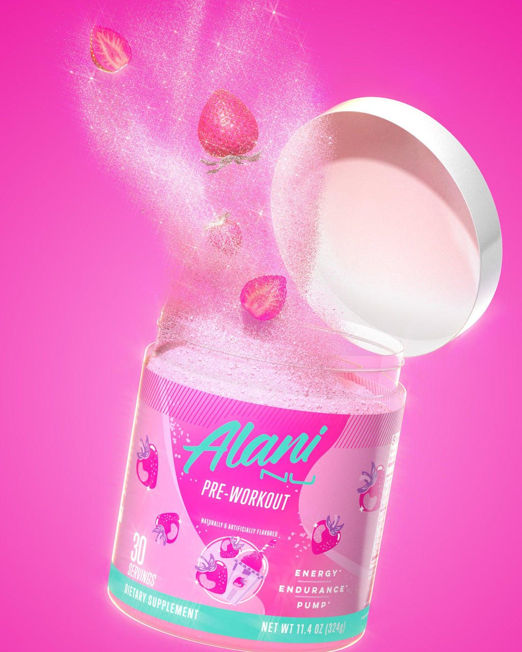 A tub of Alani Nu Pink Slush Pre-Workout atop a pearl white pedestal surrounded by pink peony blooms, strawberries, and diamonds.