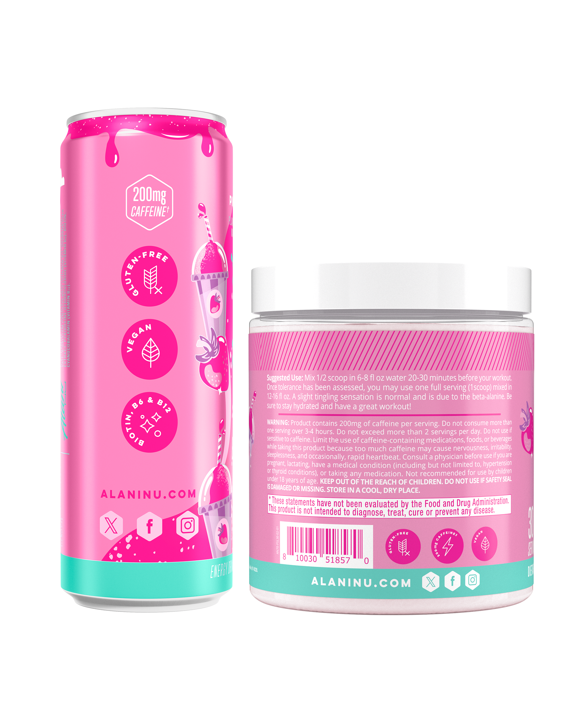The side view of an Alani Nu Pink Slush Energy Drink can and Pre- Workout tub