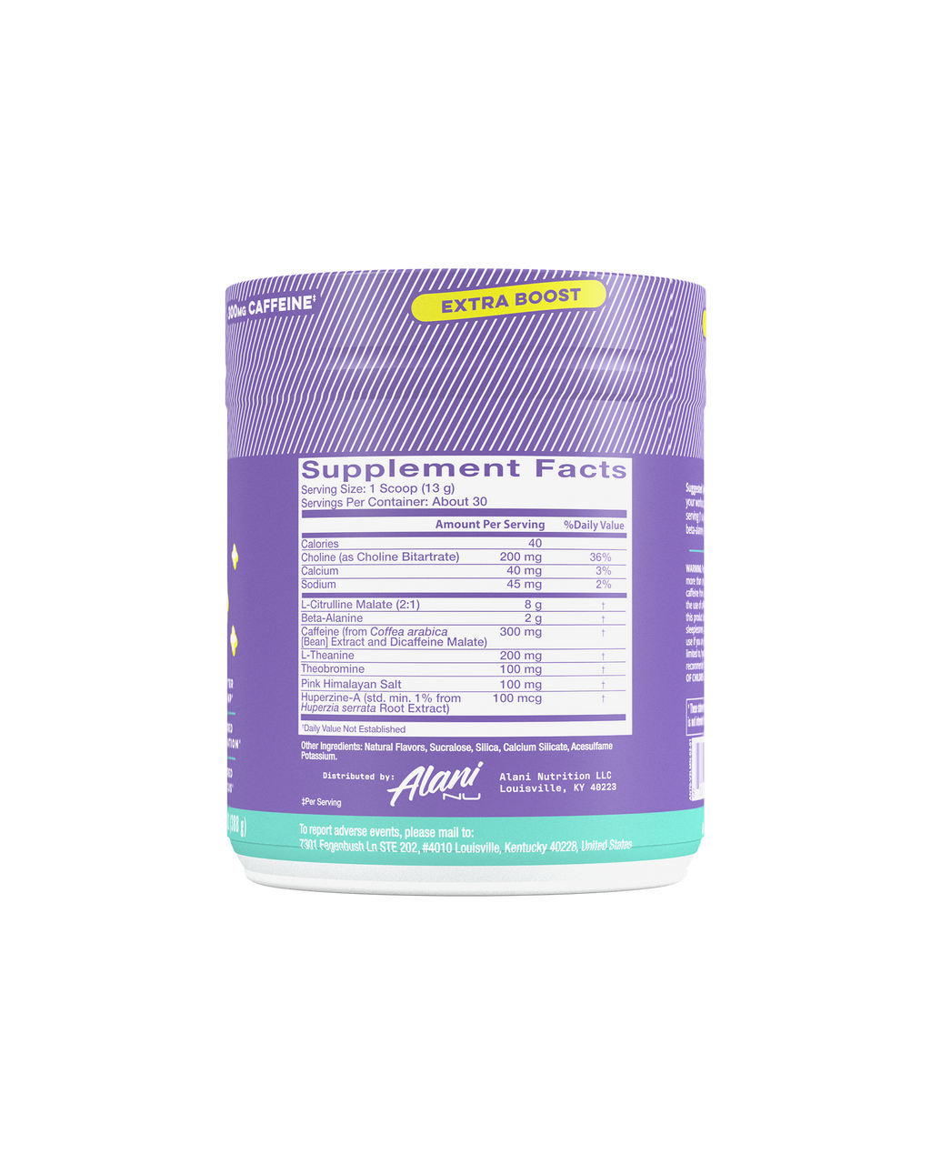 A back render of Pre-workout + in flavor Frozen Lemonade highlighting supplement facts.