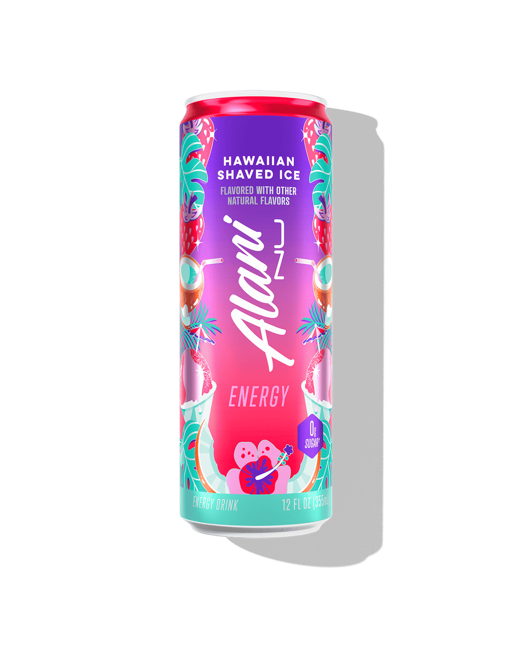 The front view of an Alani Nu Hawaiian Shaved Ice Energy Drink can, made with zero sugar.​