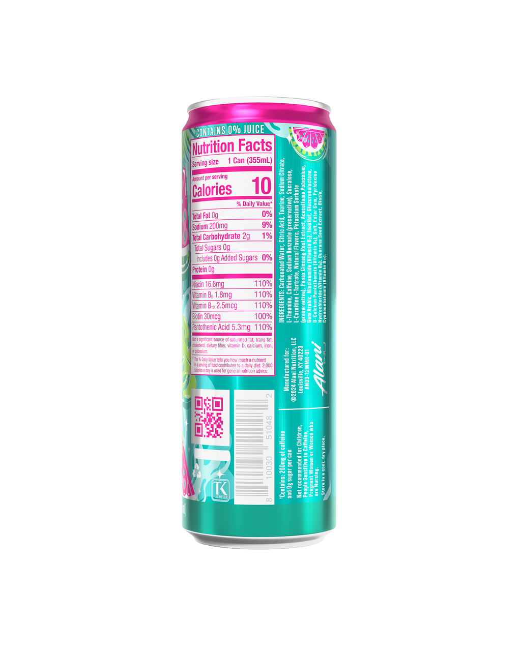 A back-facing view of a Watermelon Wave Energy Drink can with a seafoam green design, nutrition panel, ingredients, and manufacturer information text.